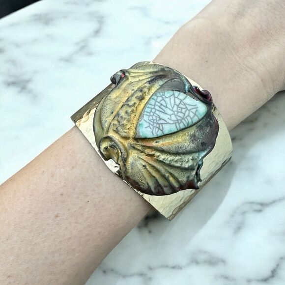 Vintage Raku Ceramic 80s Wide Cuff Bracelet Brutalist Gold Tone Metallic Glazed - Picture 1 of 6